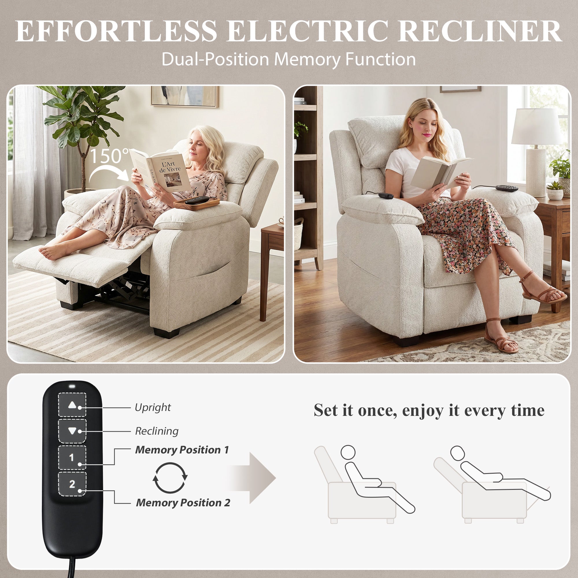 Power Recliner Armchair with Massage and Heat, Electric Reclining Chair with Wide Spring Seat, Cream White