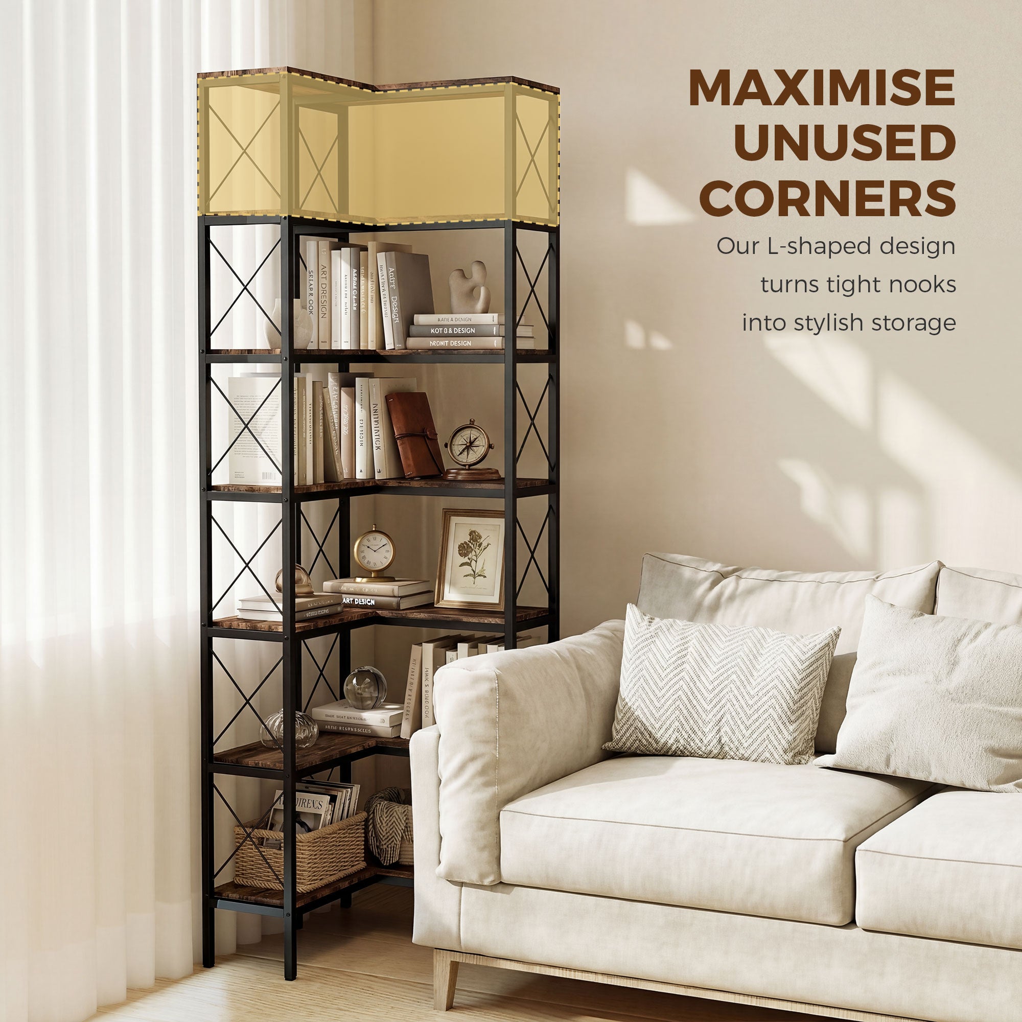 6-Tier L-Shaped Bookshelf, Freestanding Corner Bookcase with Metal Frame, Rustic Brown