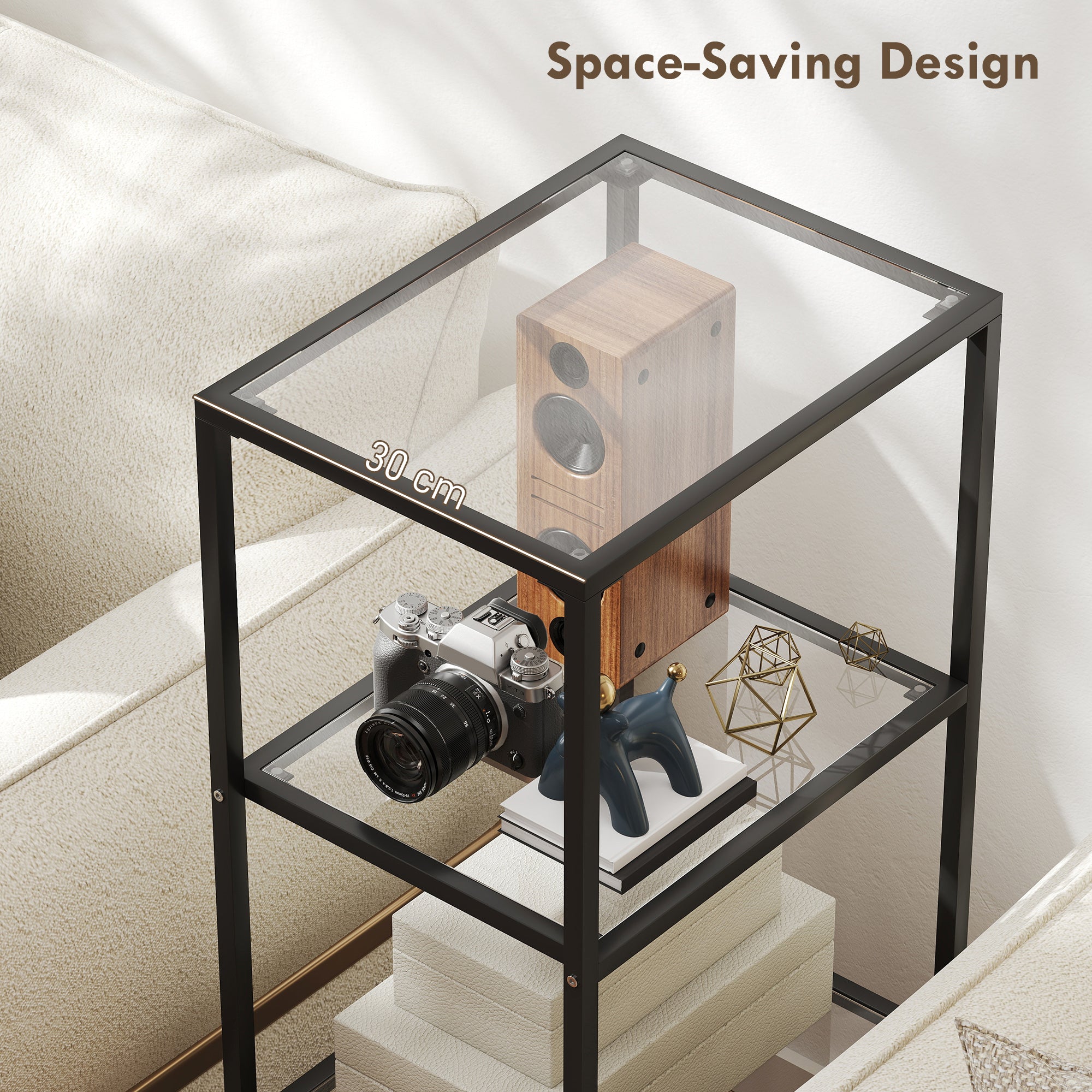 4-Tier Shelving Unit, Glass Shelf, Vertical Storage Shelf for Living Room, Home Office, Bedroom, Bathroom, Black
