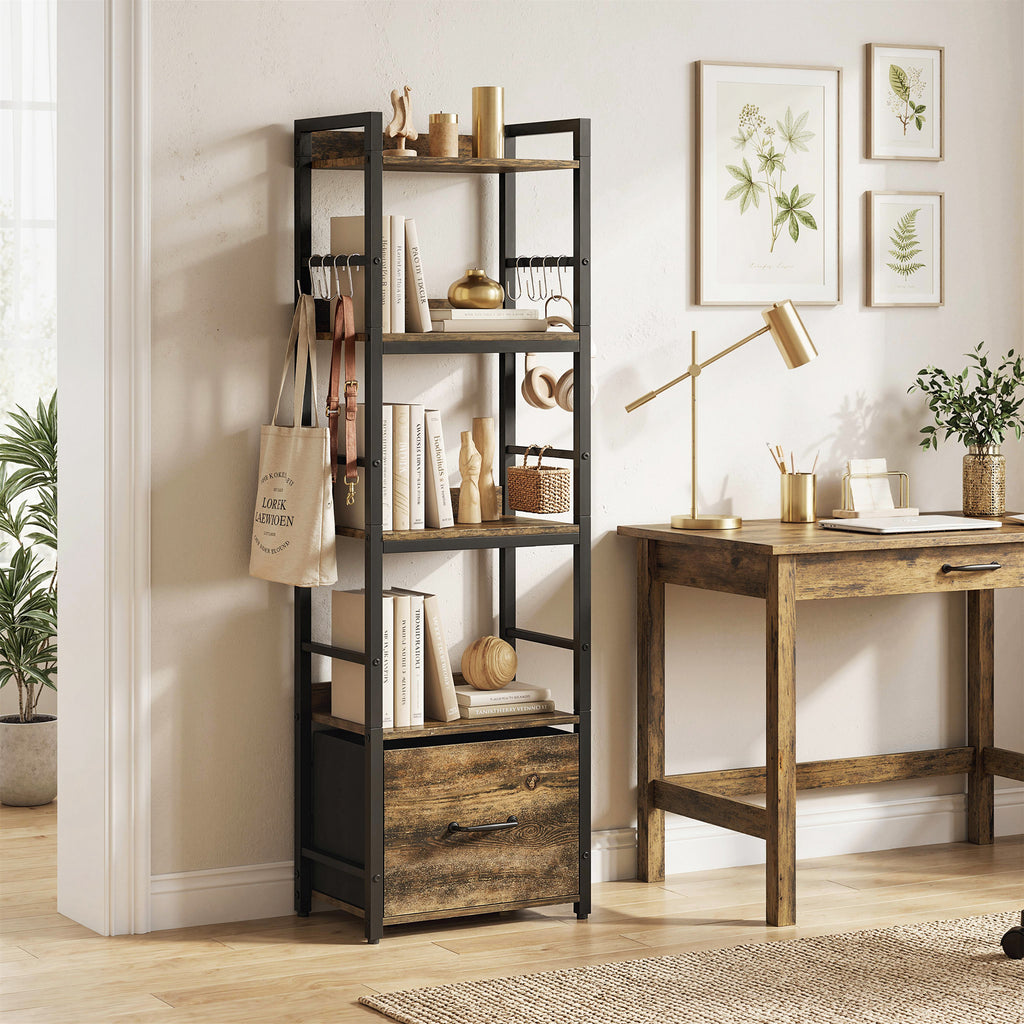 4-Tier Bookshelf, Narrow Bookcase with Drawer, 8 Hooks, Metal Frame, Rustic Brown
