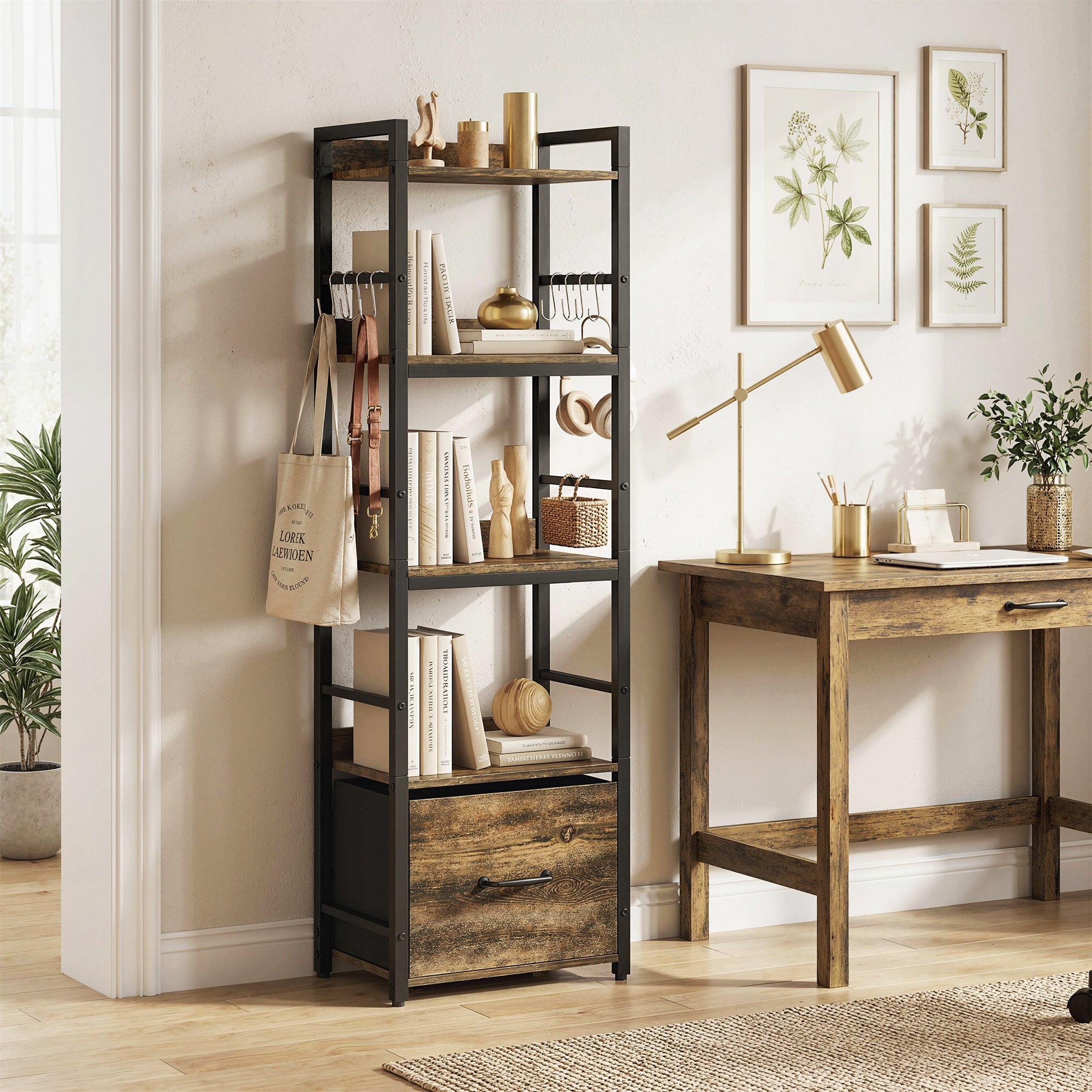 4-Tier Bookshelf, Narrow Bookcase with Drawer, 8 Hooks, Metal Frame, Rustic Brown
