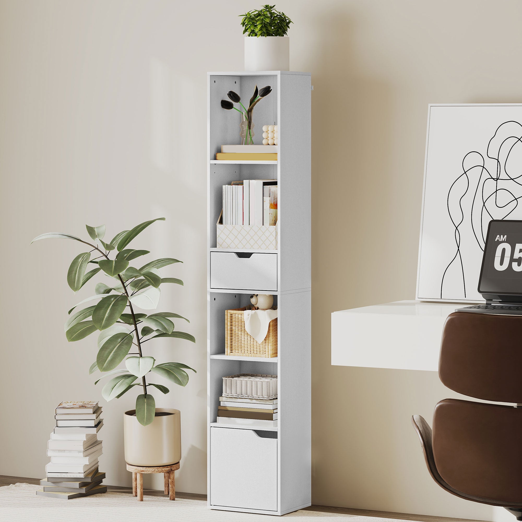6-Tier Bookcase, Tall Narrow Bookshelf with Drawer and Door - White