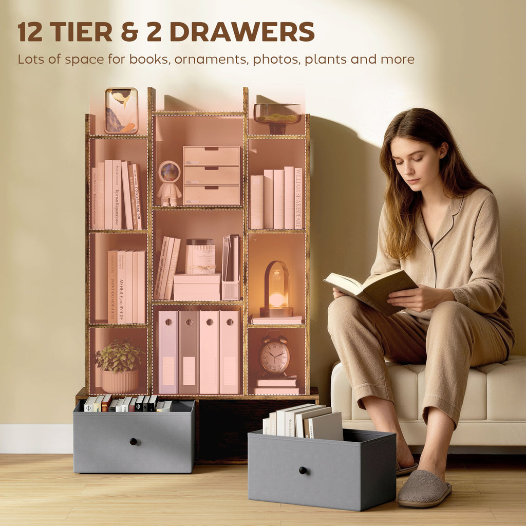 12 Shelf Storage Unit, with Drawers - Brown