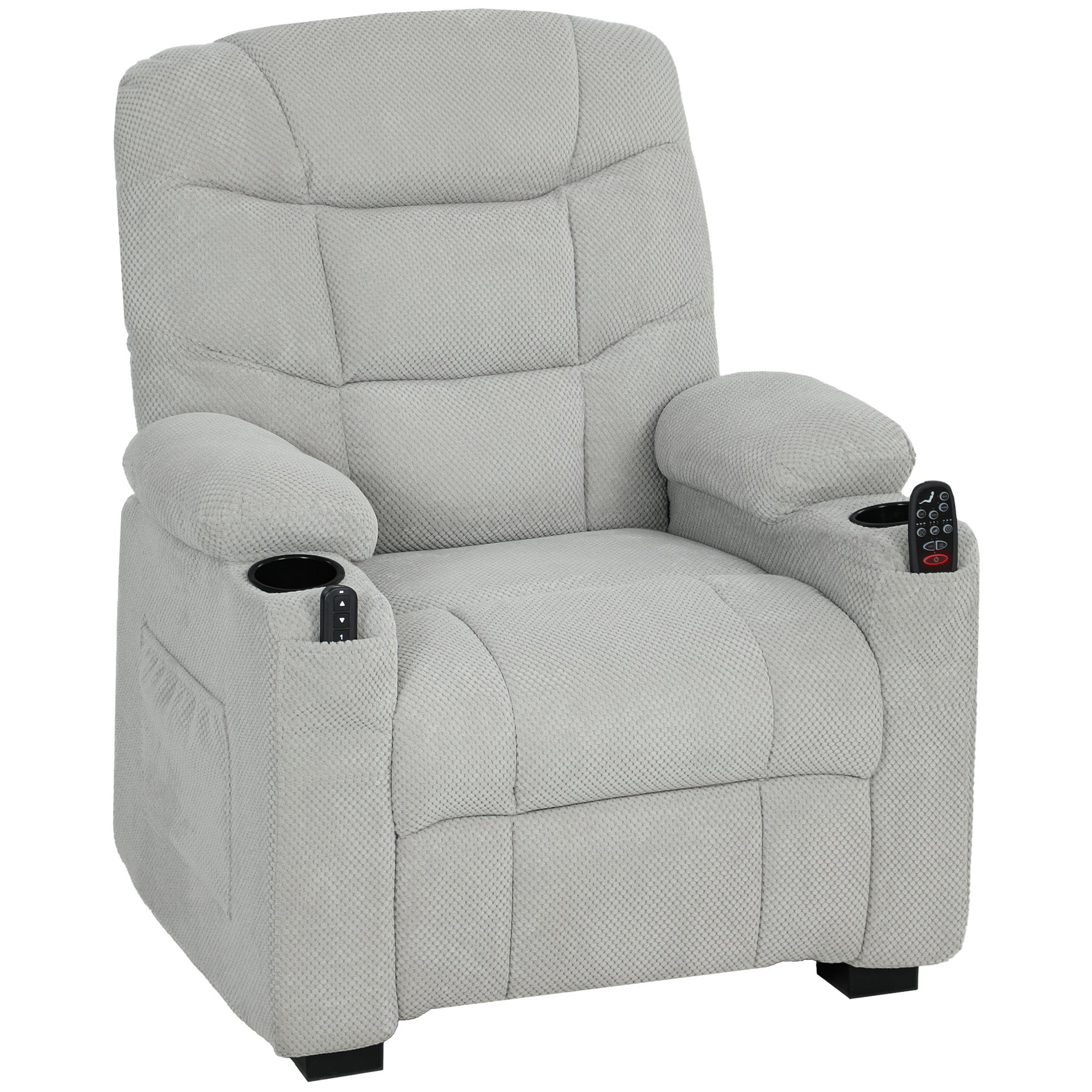 Electric Massage Recliner Armchair with Vibration, Heat, Whisper-Quiet Motor, Memory Function, Fleece Power Reclining Chair with Spring Pack, USB Port, Footrest, Side Pocket, Grey