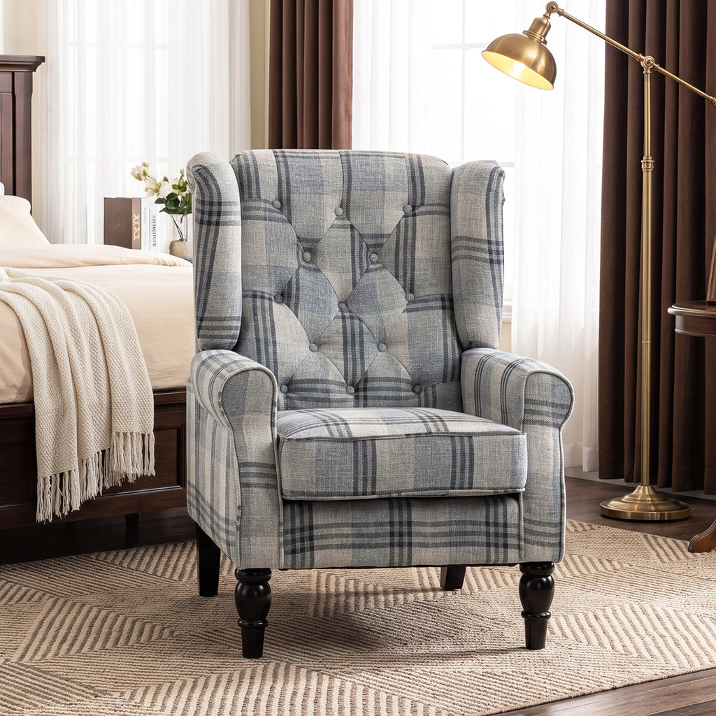 Faux Linen Armchair with Thick Spring Cushion, Wingback Accent Chair with High Back, Solid Wood Legs, Mixed Plaid