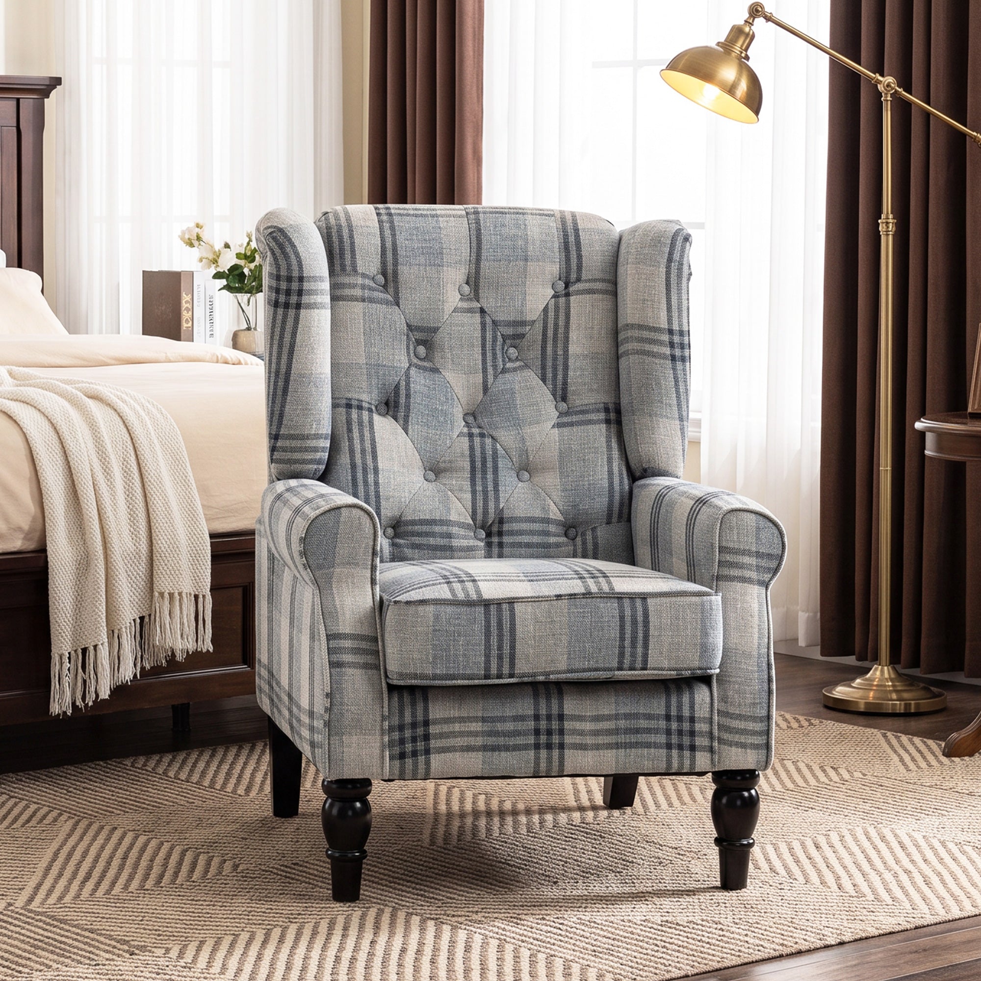 Faux Linen Armchair with Thick Spring Cushion, Wingback Accent Chair with High Back, Solid Wood Legs, Mixed Plaid