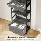 Industrial Style Bookcase, with 4 Shelves and 3 Fabric Drawers - Grey/Black