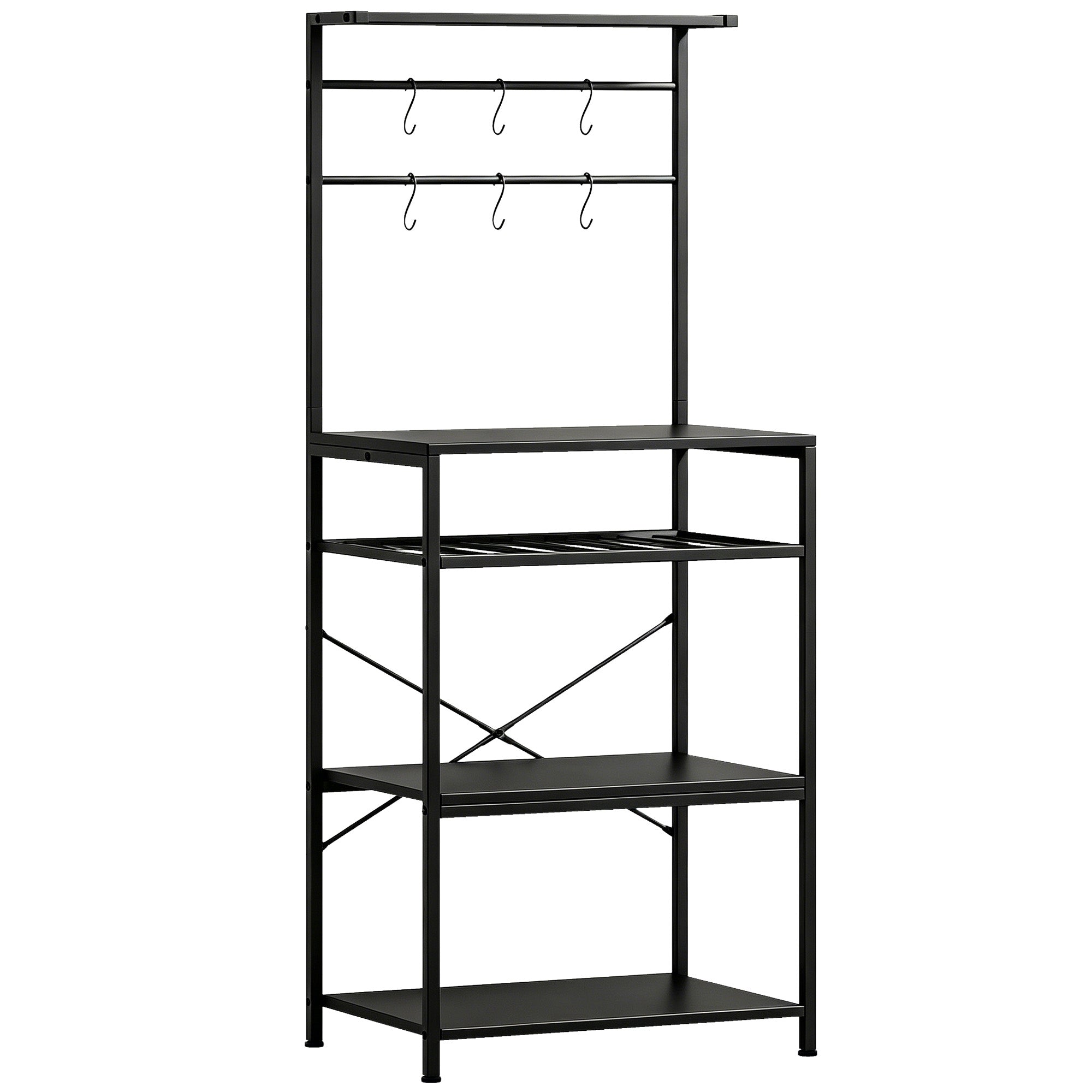 Freestanding Shelving Unit, Industrial Storage Shelf with 6 Hooks and Wine Rack for Living Room, Home Office, Black