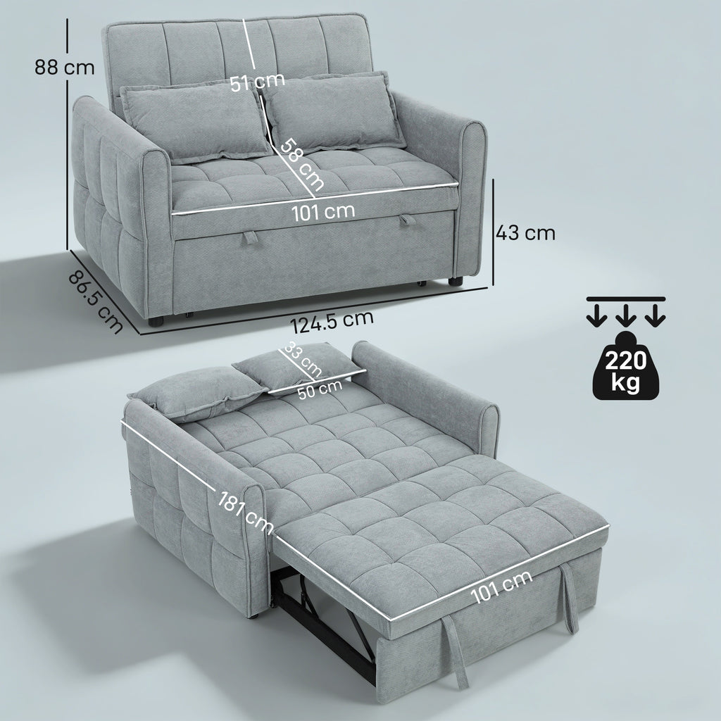 2 Seater Sofa Bed, 3-in-1 Convertible Sleeper Sofa with Click-clack Adjustable Backrest and 2 Pillows, Grey