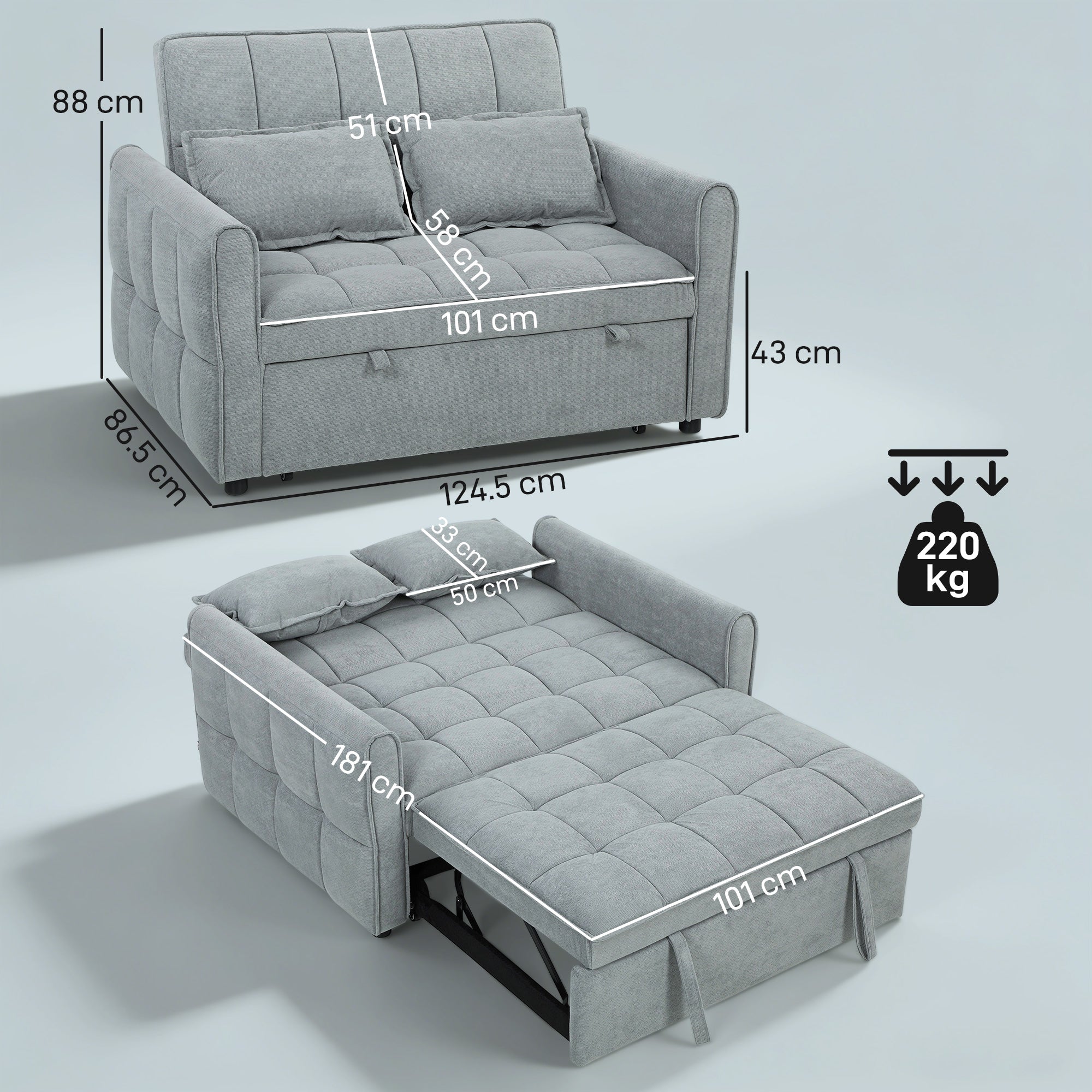 2 Seater Sofa Bed, 3-in-1 Convertible Sleeper Sofa with Click-clack Adjustable Backrest and 2 Pillows, Grey