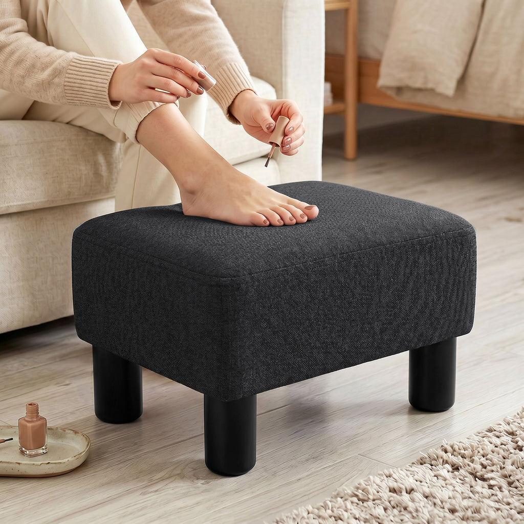 Linen Fabric Footstool Ottoman Cube with 4 Plastic Legs, Black