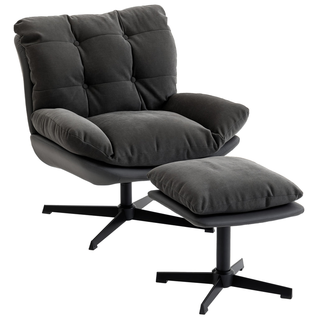 Accent Chair with Footstool, Swivel Lounge Chair with Chenille Upholstery, Metal Base, Dark Grey