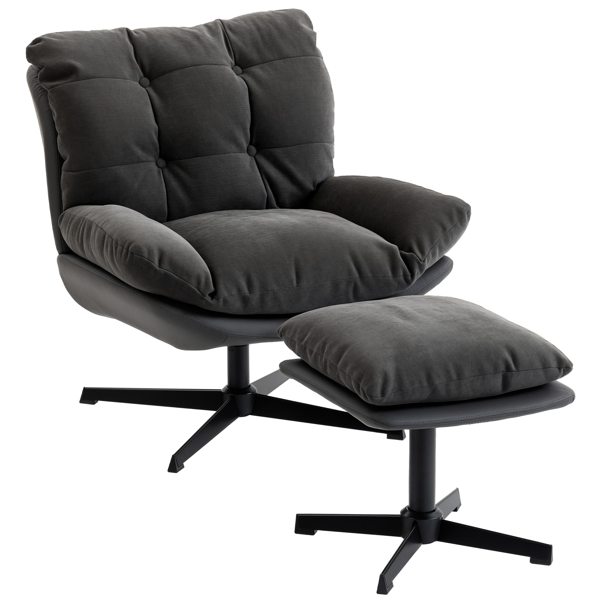 Accent Chair with Footstool, Swivel Lounge Chair with Chenille Upholstery, Metal Base, Dark Grey