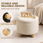 Storage Sitting Bench with Lid, Round Storage Ottoman with Rubberwood Legs, Beige