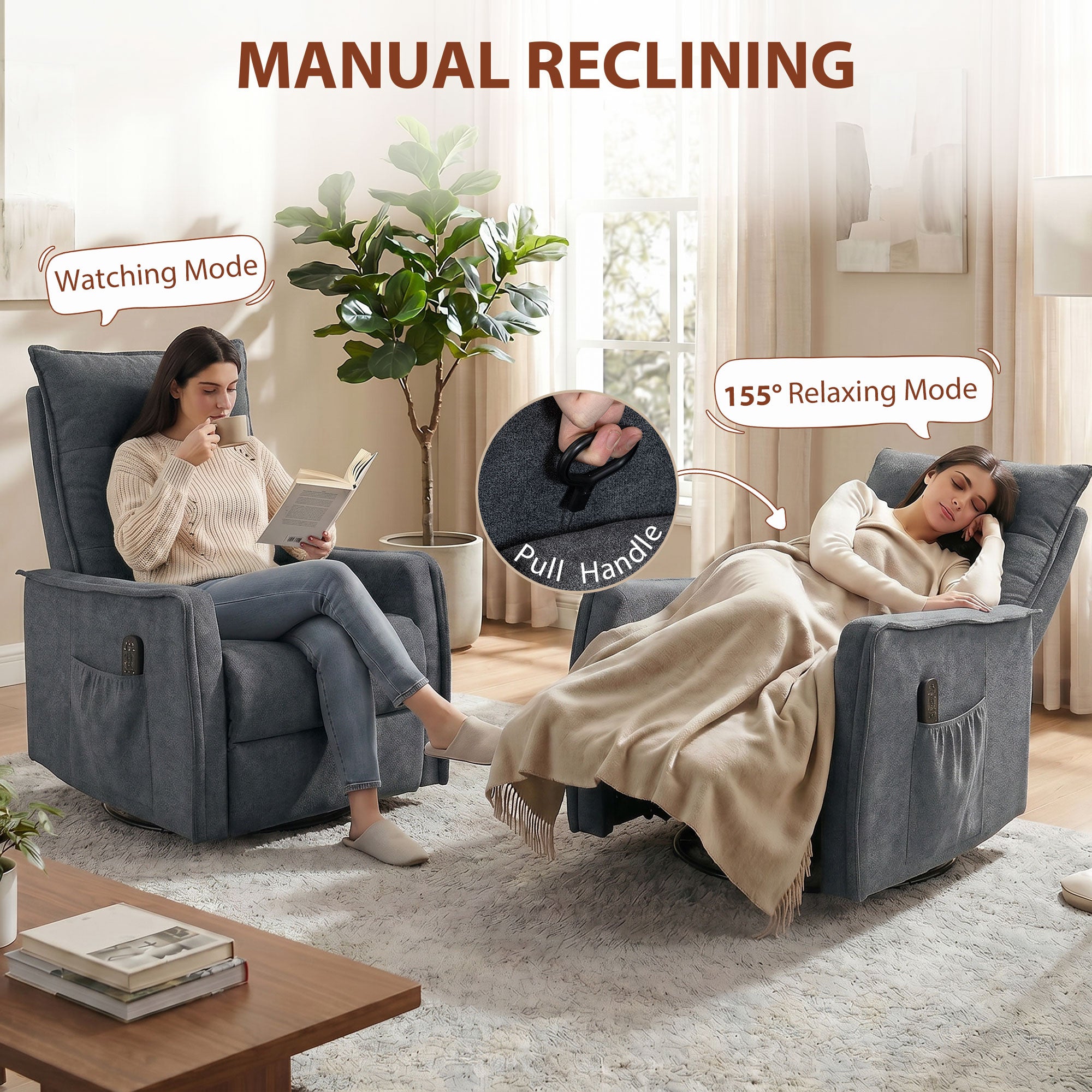 Recliner Armchair, Chenille Recliner Chair with Massage and Heat, 360Â° Swivel Rocking Manual Recliner, Dark Grey