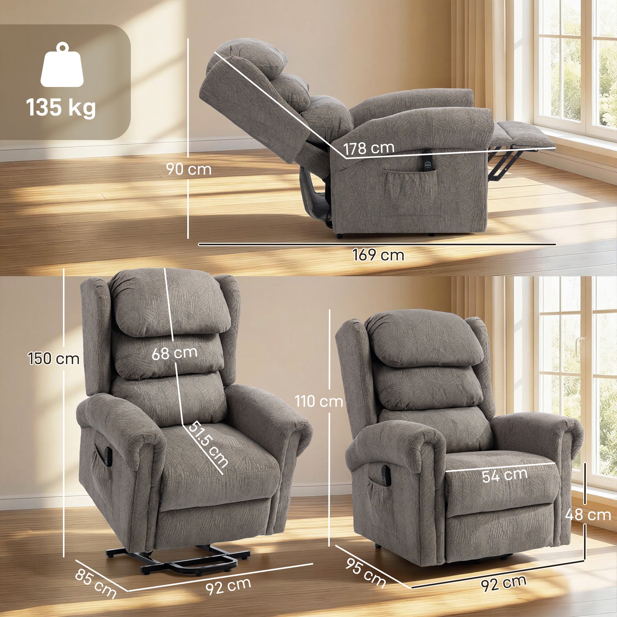Velvet-Feel Electric Riser Recliner Chair, Power Lift Recliner Chair for Elderly with Remote Control, Dark Grey