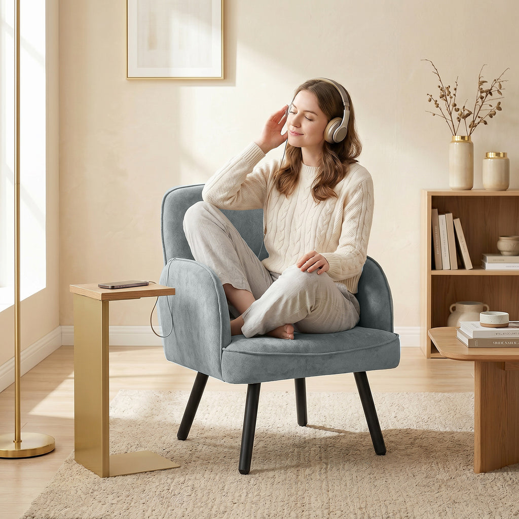 Lounge Chair Velvet Upholstered Armchair with Spring Cushion for Living Room Bedroom Grey