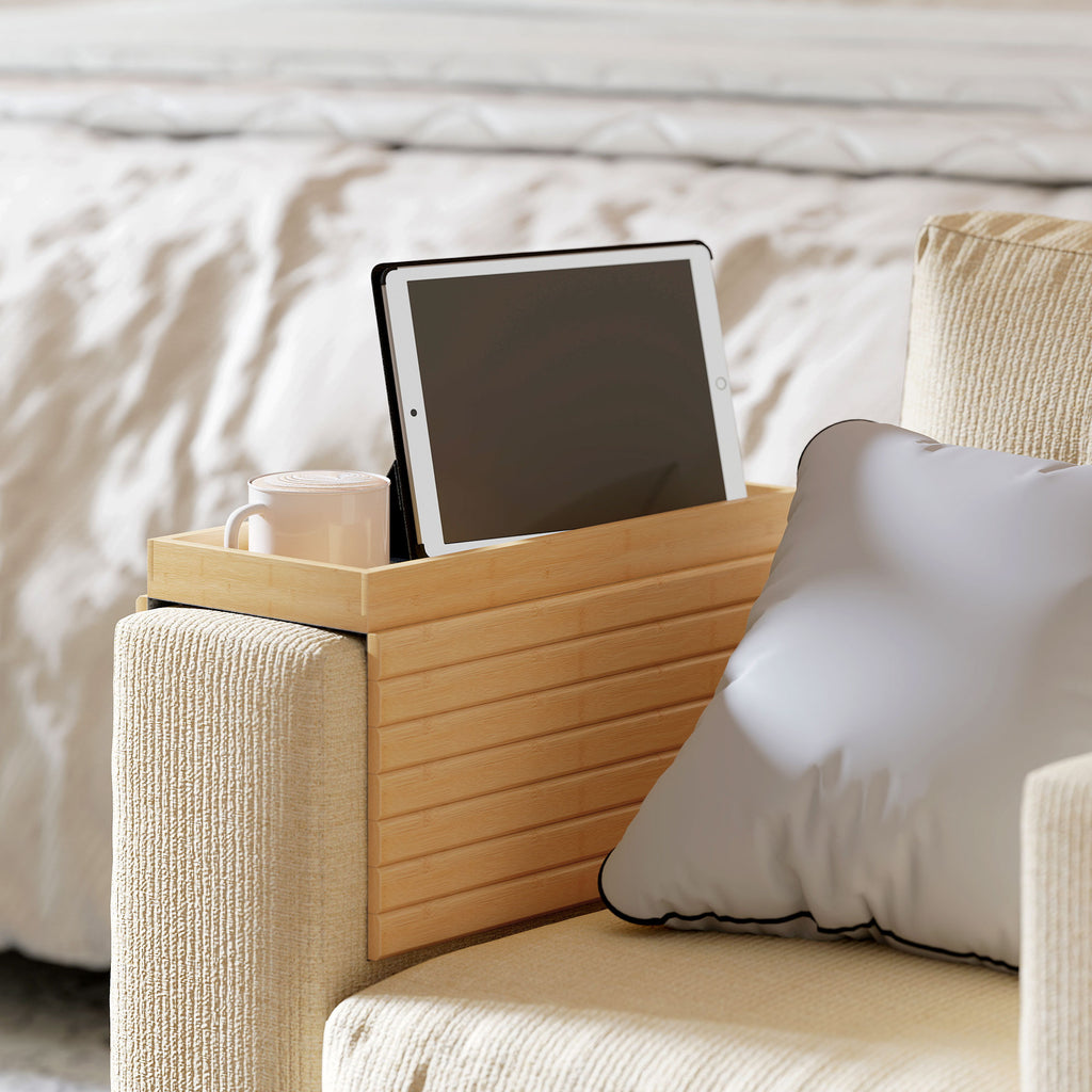 Bamboo Sofa Arm Tray, Foldable Anti-Slip Armrest Tray for Drinks and Snacks, Natural Wood Finish