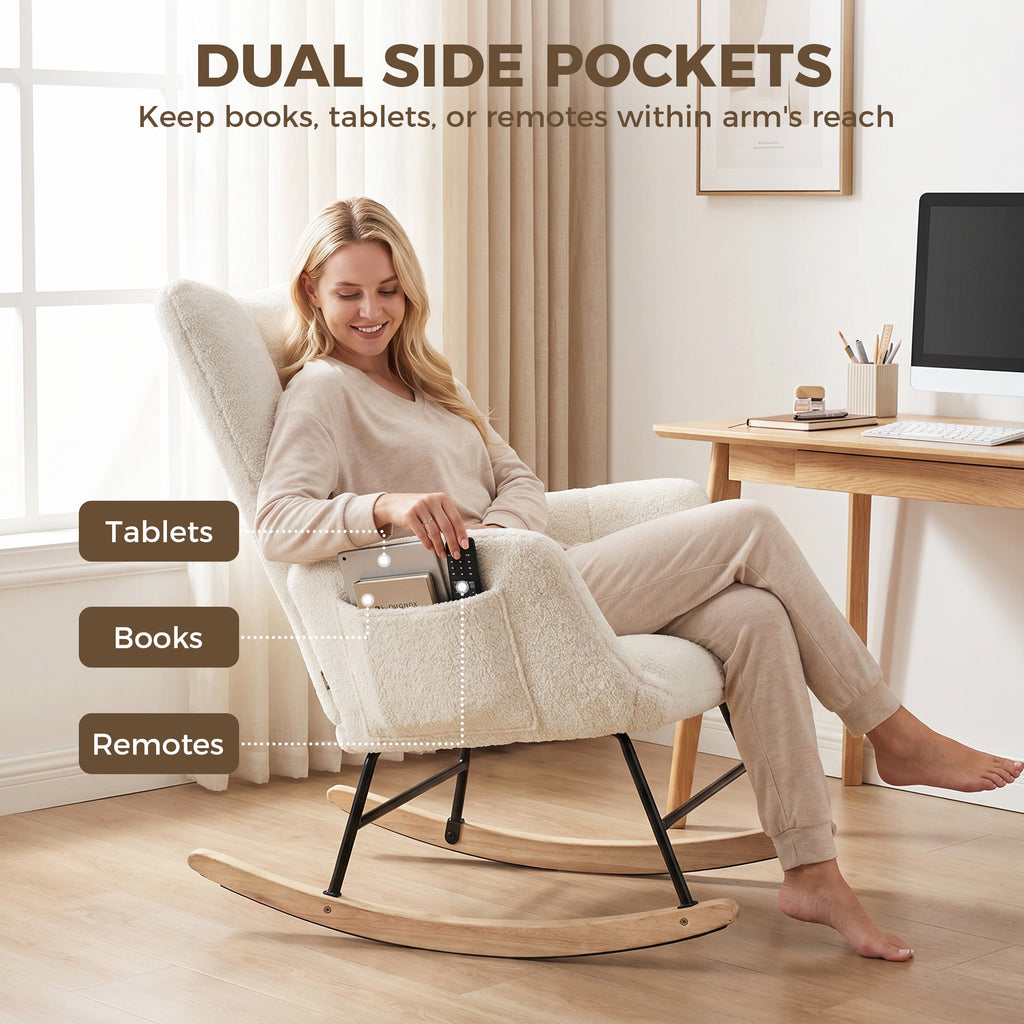 Rocking Chair, Teddy Fleece Rocker Chair with Tufted Wingback, Side Pockets, Rubber Wood Legs, Cream White