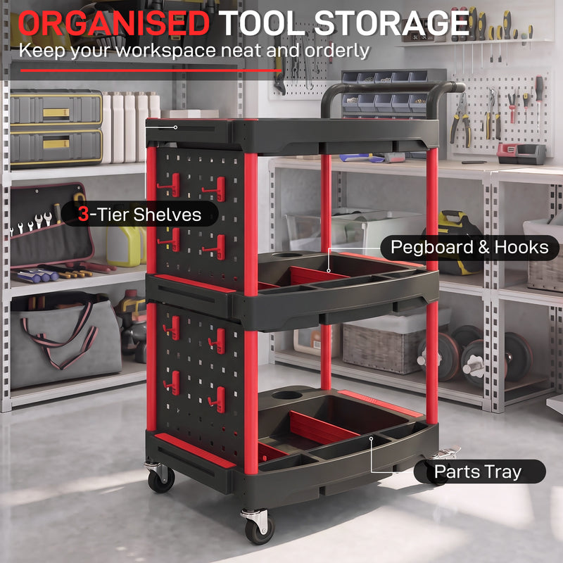 3-Tier Rolling Tool Trolley with Pegboard, Hooks & Brakes – Black/Red – image 4 of 9