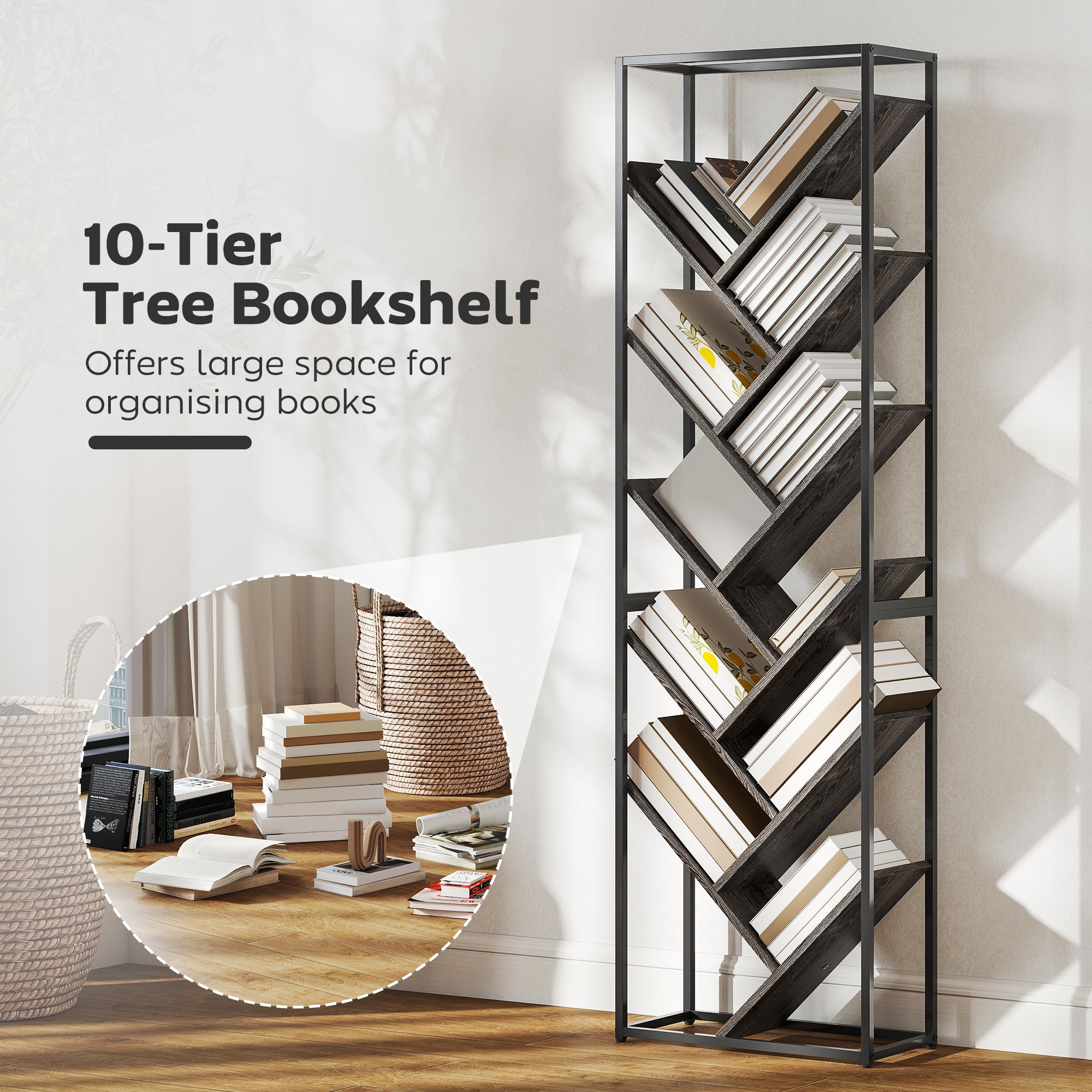 10 Shelf Industrial-Style Bookshelf - Black/Grey