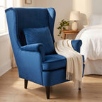 Modern Accent Chair with High Backrest and Pillow, Velvet-Feel Fabric Reading Chair with Solid Wood Legs, Blue
