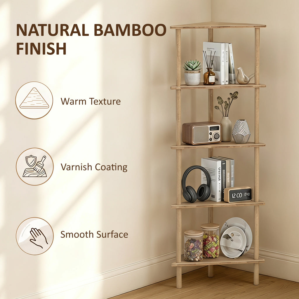 Bamboo Storage Shelf, 5-tier Corner Shelf, Freestanding Shelving Unit for Living Room, Home Office, Natural Wood Finish
