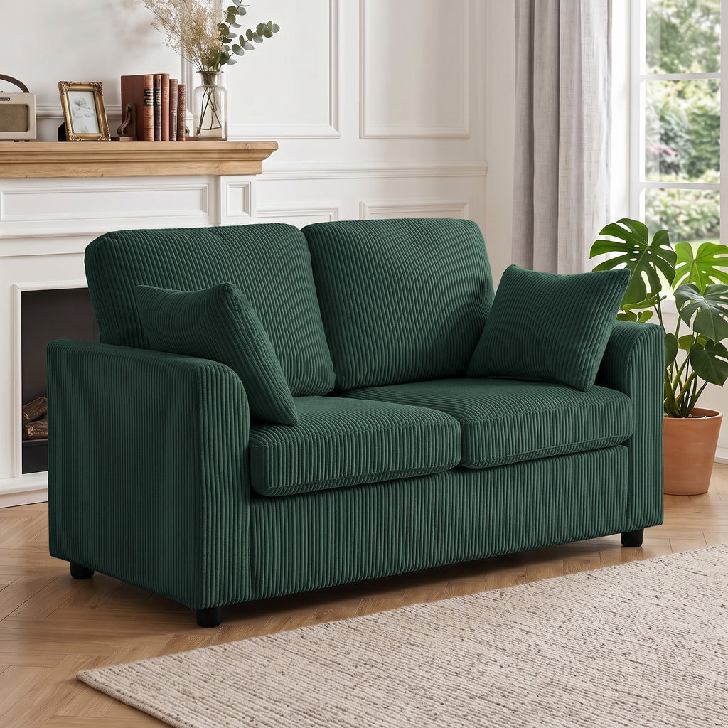 2 Seater Sofa, Corduroy Small Couch with Spring Cushion, Wide and Deep Seat, Dark Green