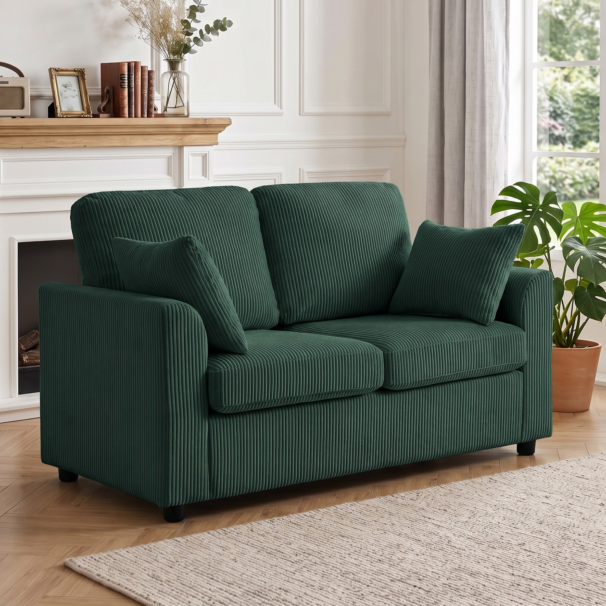 2 Seater Sofa, Corduroy Small Couch with Spring Cushion, Wide and Deep Seat, Dark Green