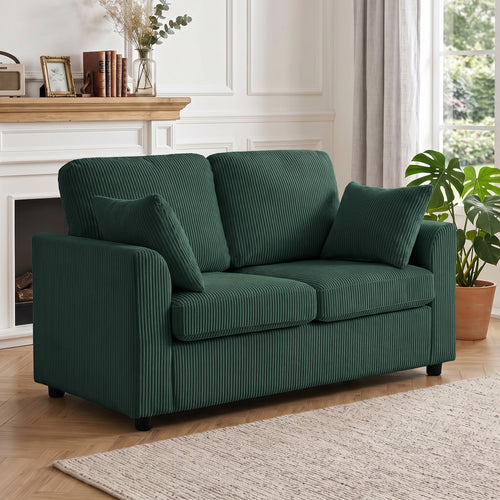 2 Seater Sofa, Corduroy Small Couch with Spring Cushion, Wide and Deep Seat, Dark Green
