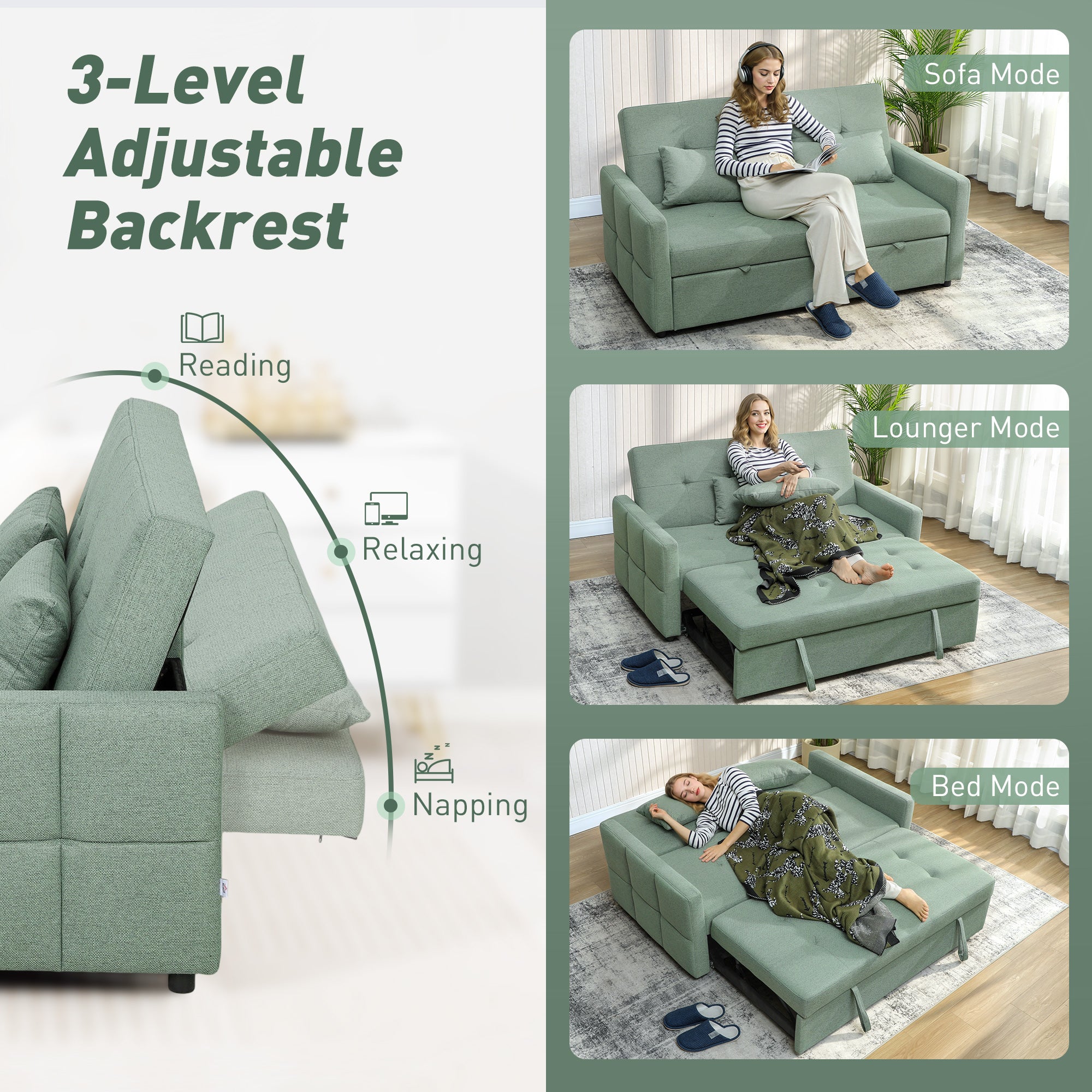 Three-Way 2 Seater Sofa Bed with Three-position back and Two Soft Pillows - Green