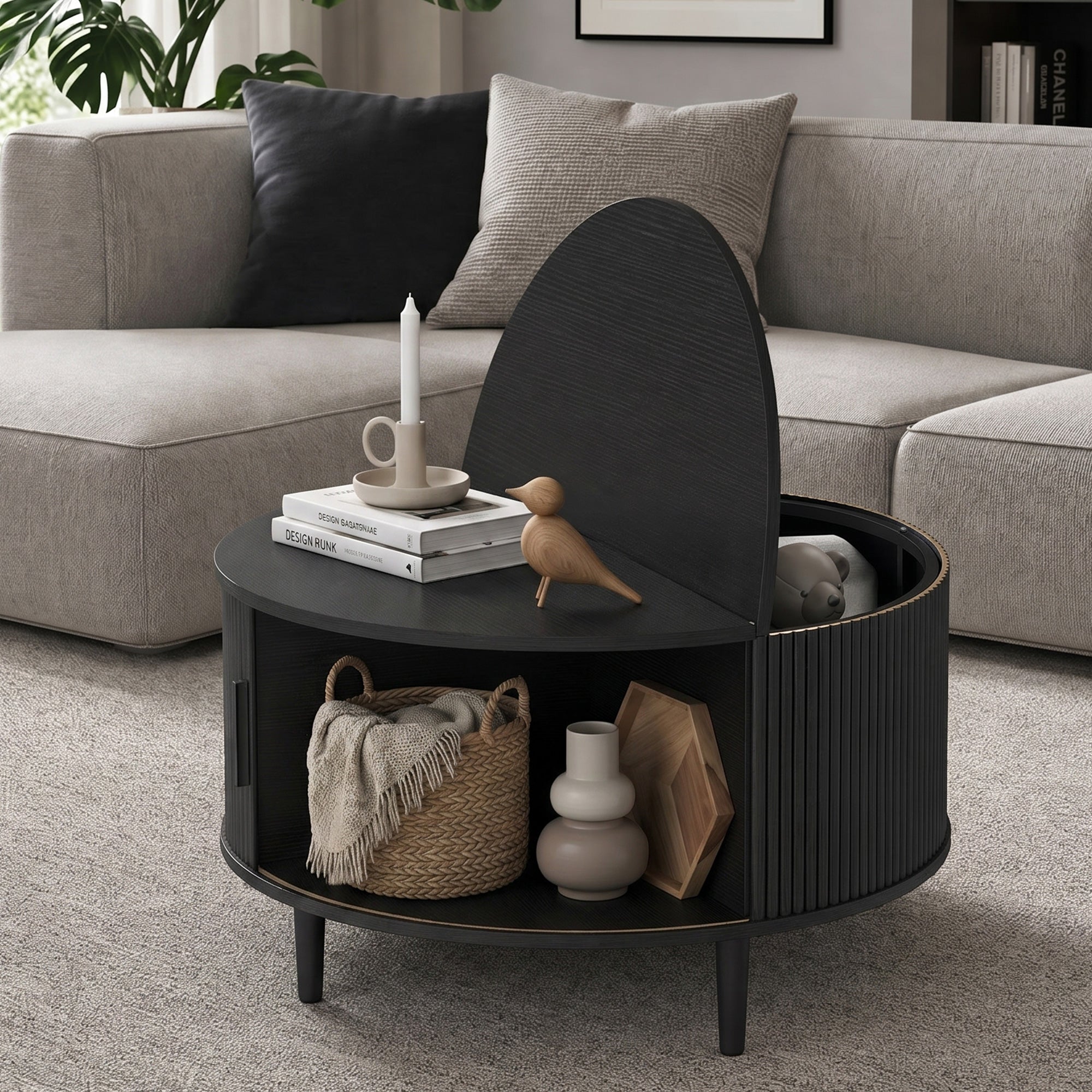 Coffee Table with Lift Top and Hidden Storage, Round Centre Table with Fluted Sliding Door, 80 cm, Black Wood Effect