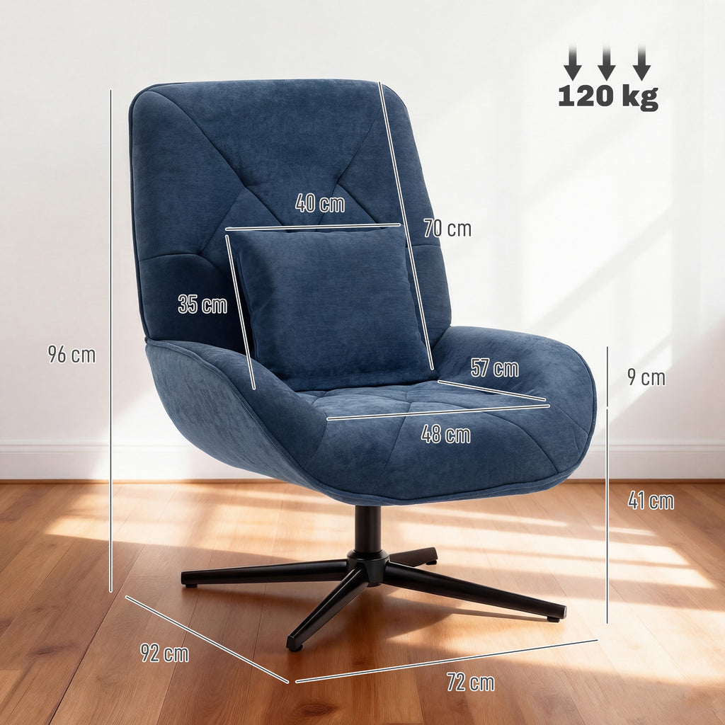 Accent Chair, Chenille Upholstered Swivel Armchair with Lumbar Pillow, High Back, Deep Seat and Metal Legs, Dark Blue