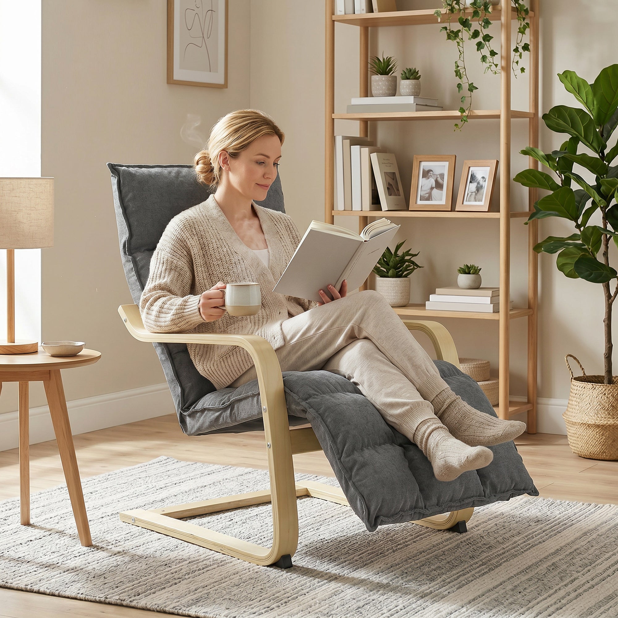 Modern Accent Chair, Leisure Lounge Chair Armchair with Footrest, Plush Cushion, Curved Legs and Arms, Grey