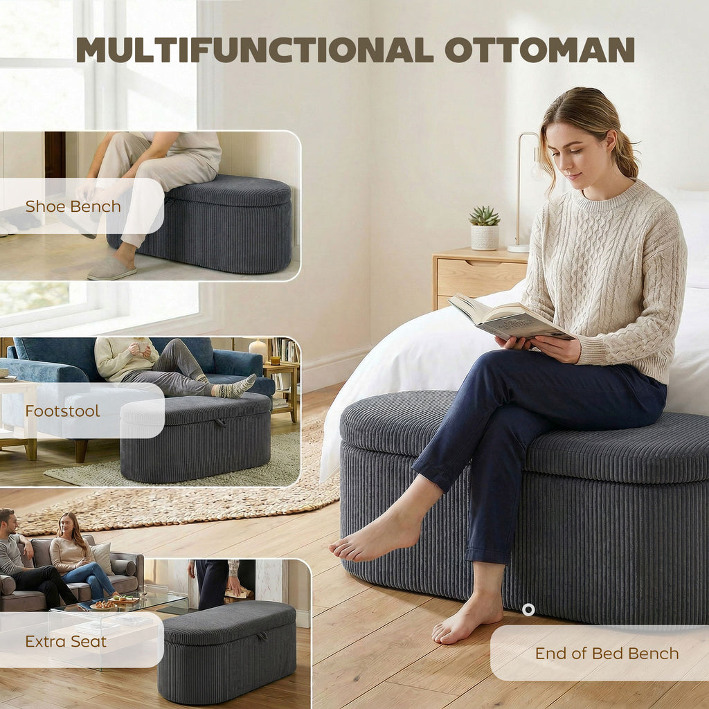 Storage Ottoman, Corduroy Upholstered Ottoman Storage Box with Padded Seat, 105 x 51 x 49 cm, Dark Grey