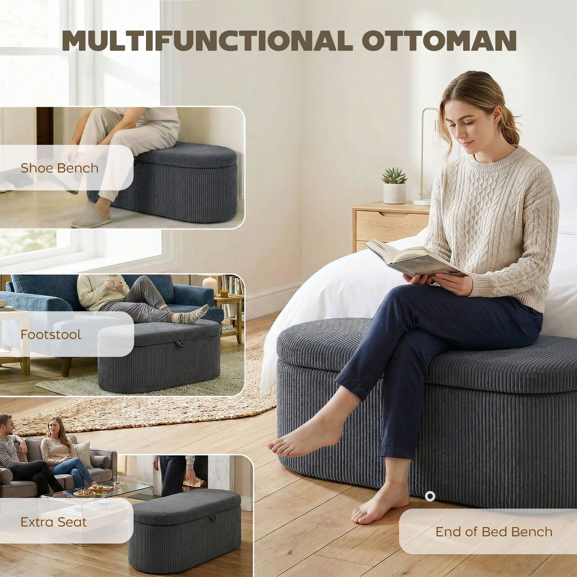 Storage Ottoman, Corduroy Upholstered Ottoman Storage Box with Padded Seat, 105 x 51 x 49 cm, Dark Grey