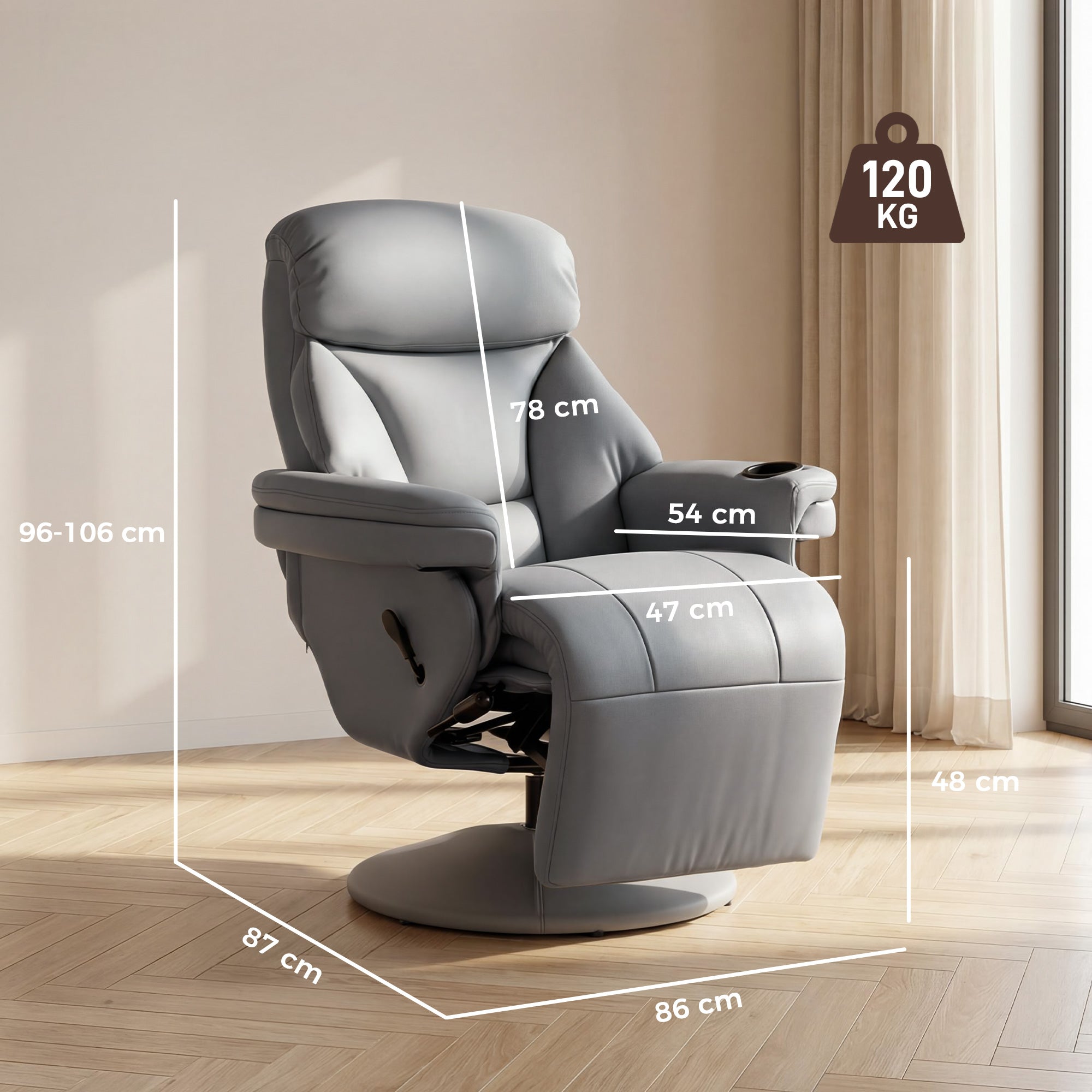 Upholstered Reclining Armchair, Manual Recliner Chair with Footrest and Adjustable Backrest, Grey