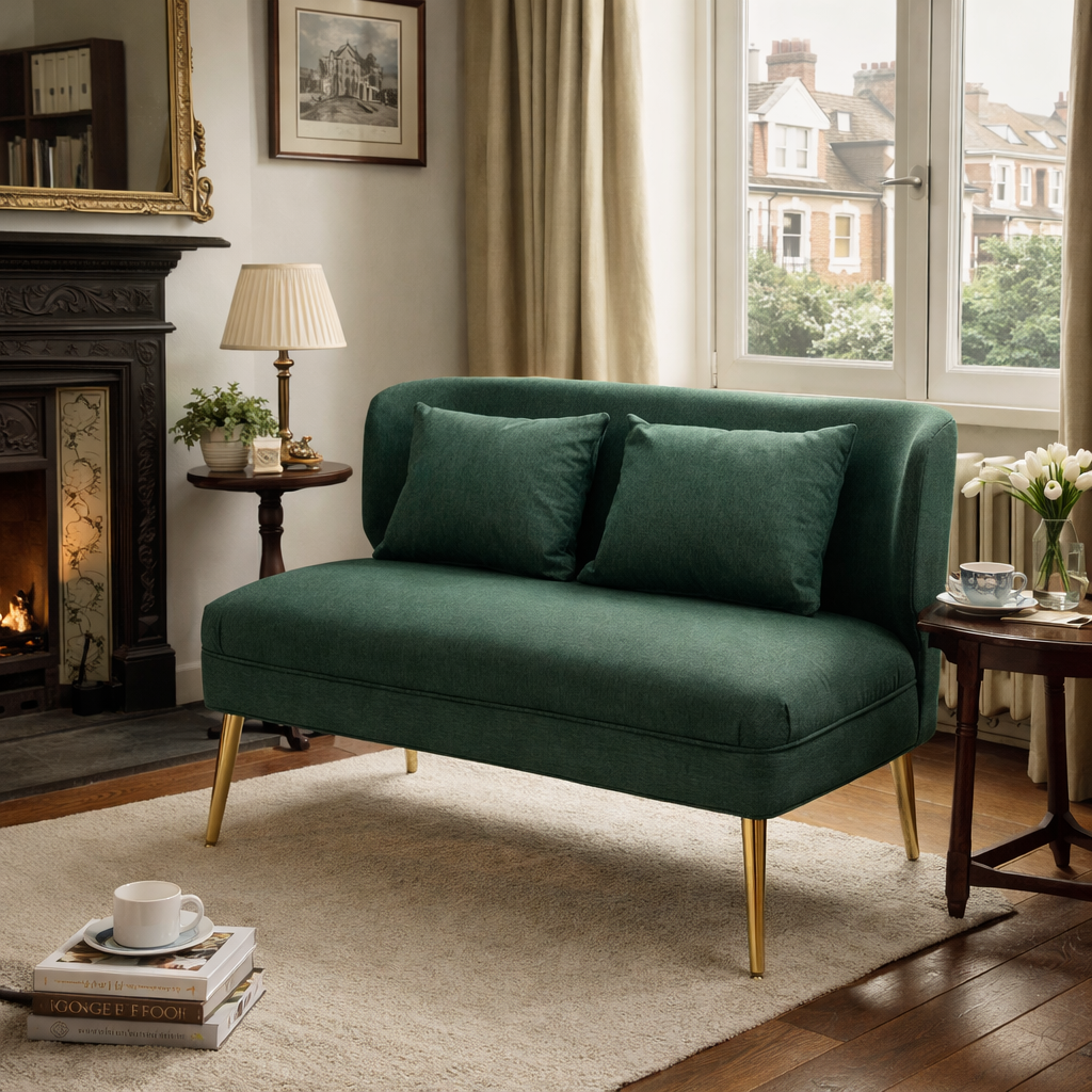 2 Seater Sofa, Linen-look Fabric Small Sofa with Wing Back, Thick Seat, Metal Legs, Dark Green