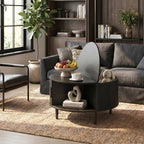 Coffee Table with Lift Top and Hidden Storage, Round Centre Table with Fluted Sliding Door, 80 cm, Black Wood Effect