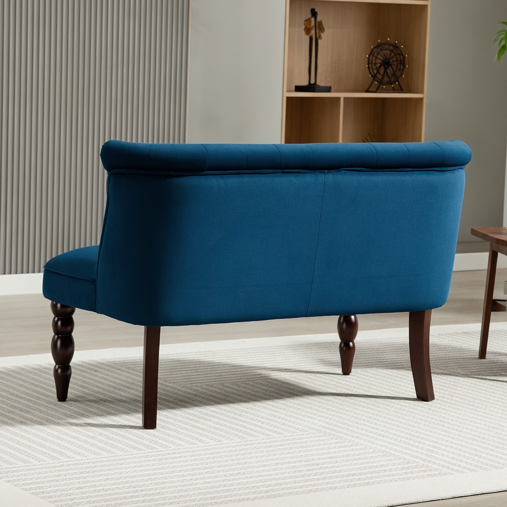 Velvet 2 Seater Sofa, Button Tufted Wingback Loveseat with Rubber Wood Legs for Living Room, Bedroom, Dark Blue