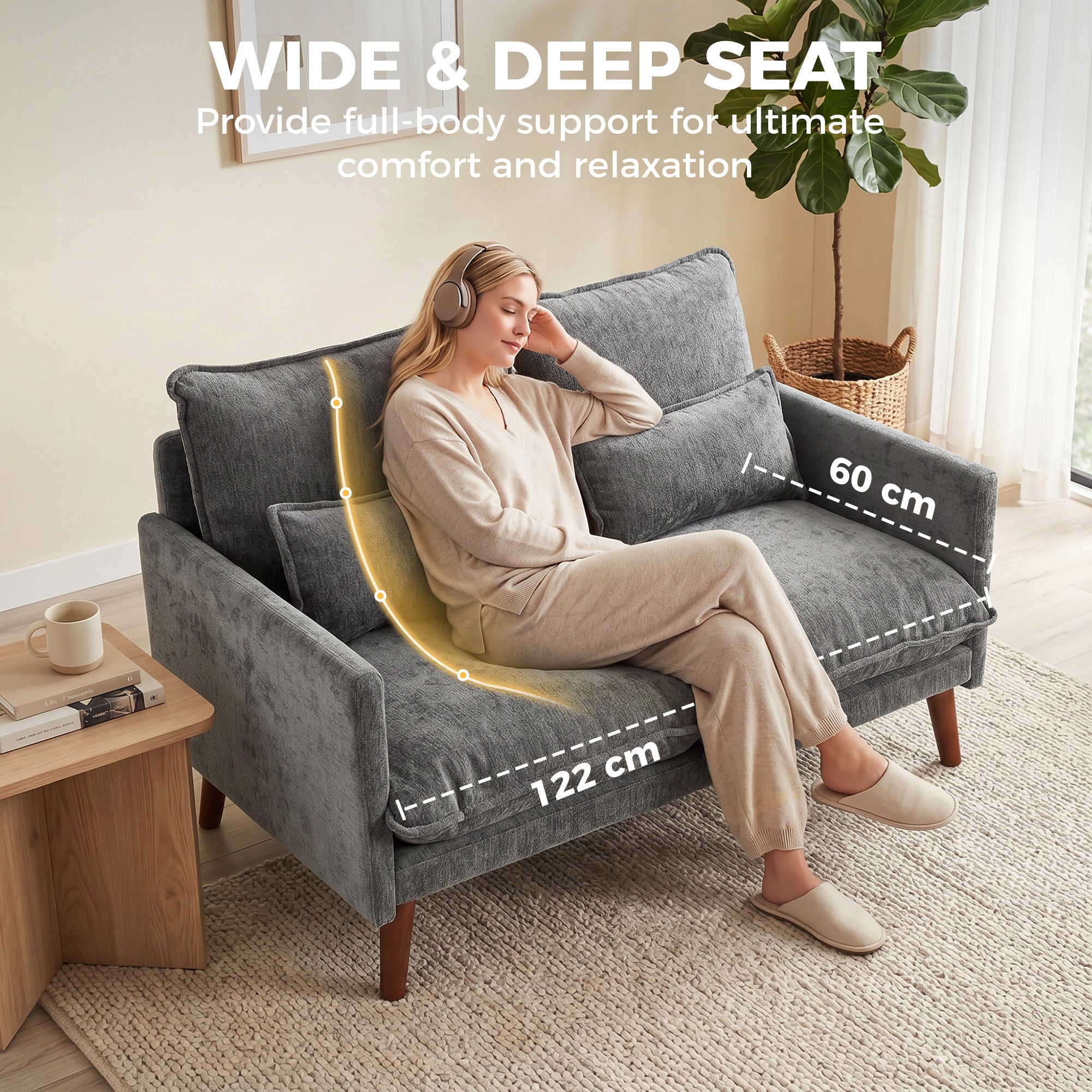 2 Seater Sofa, Loveseat Sofa with Spring Cushions, Wide and Deep Seat, Wood Legs, Grey
