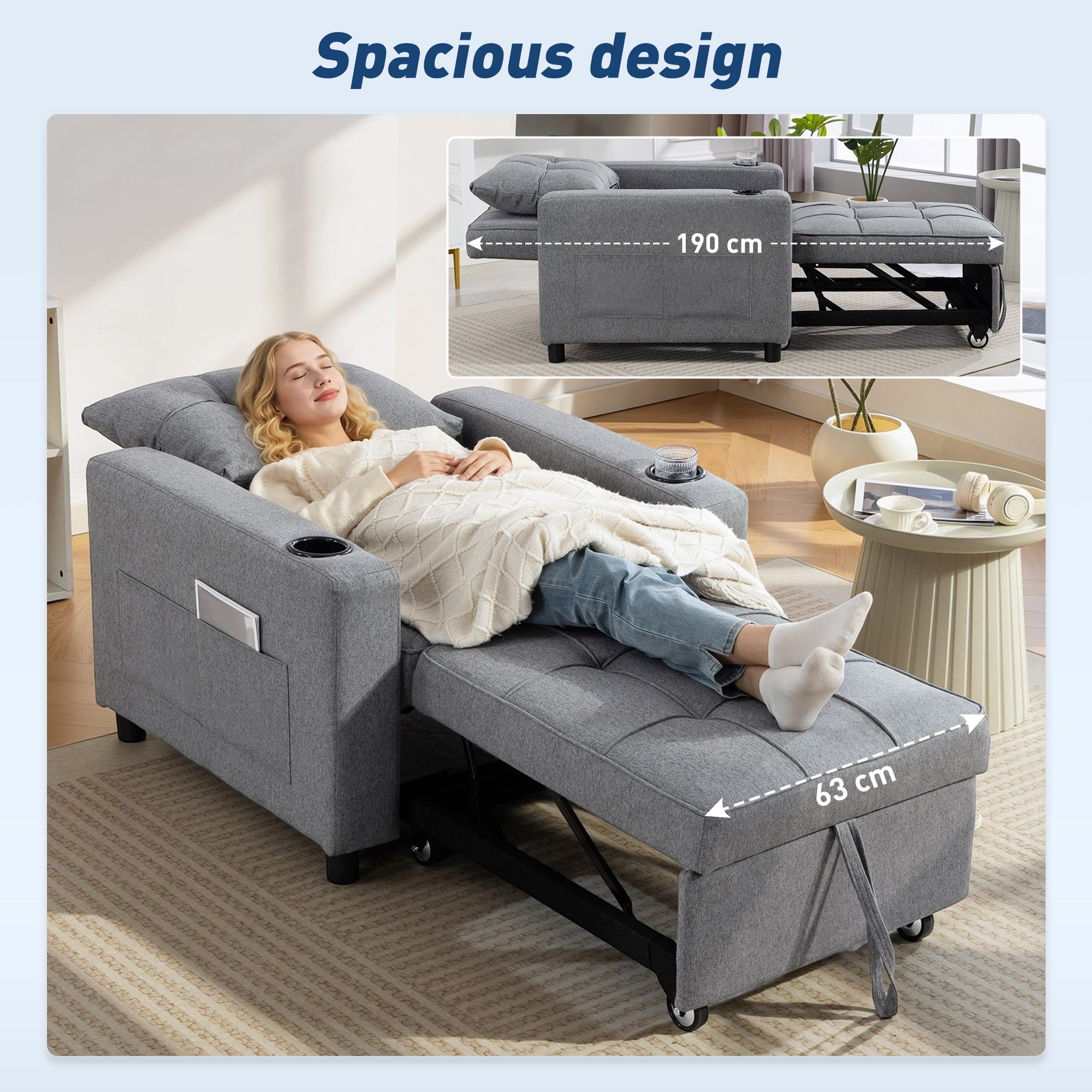 3-in-1 Single Sofa Bed, Convertible Sleeper Chair Bed - Dark Grey
