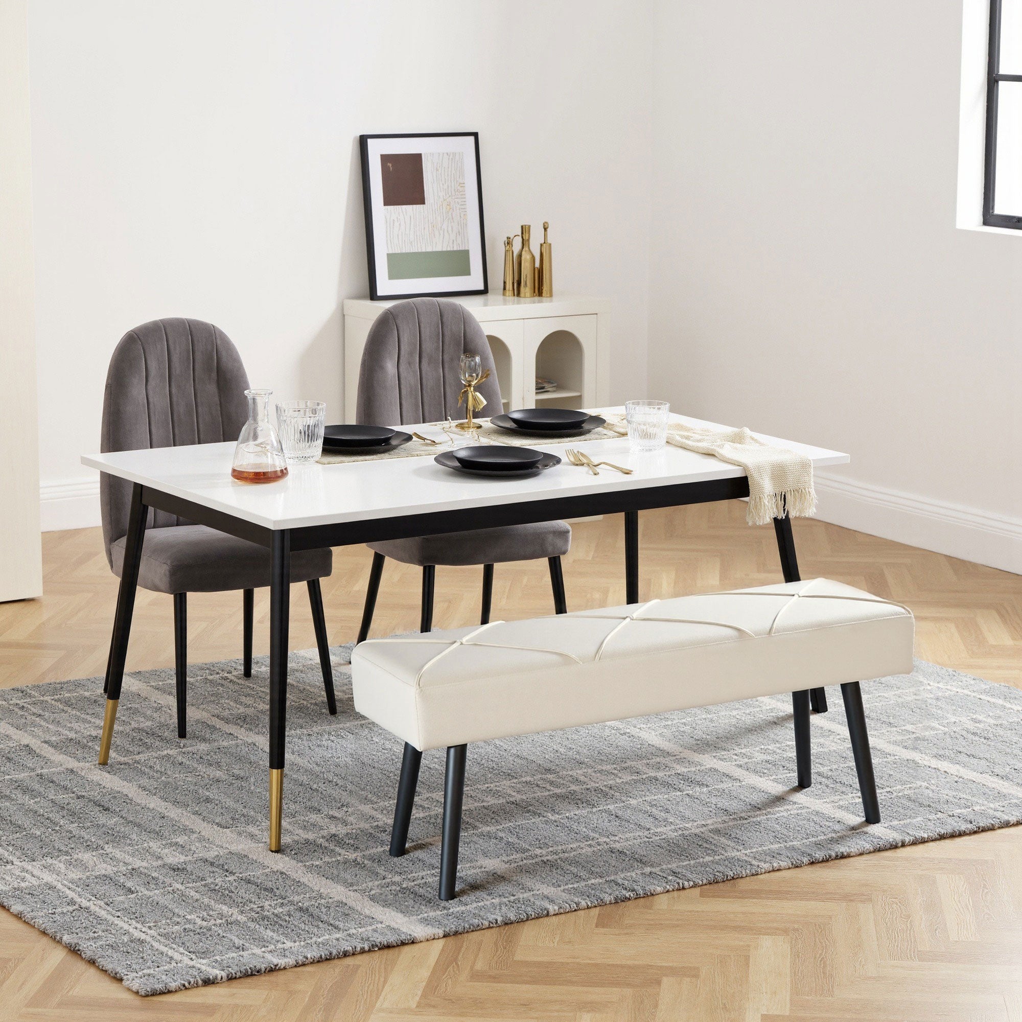Upholstered Hallway Bench, End of Bed Bench with X-Shape Design and Steel Legs, Cream