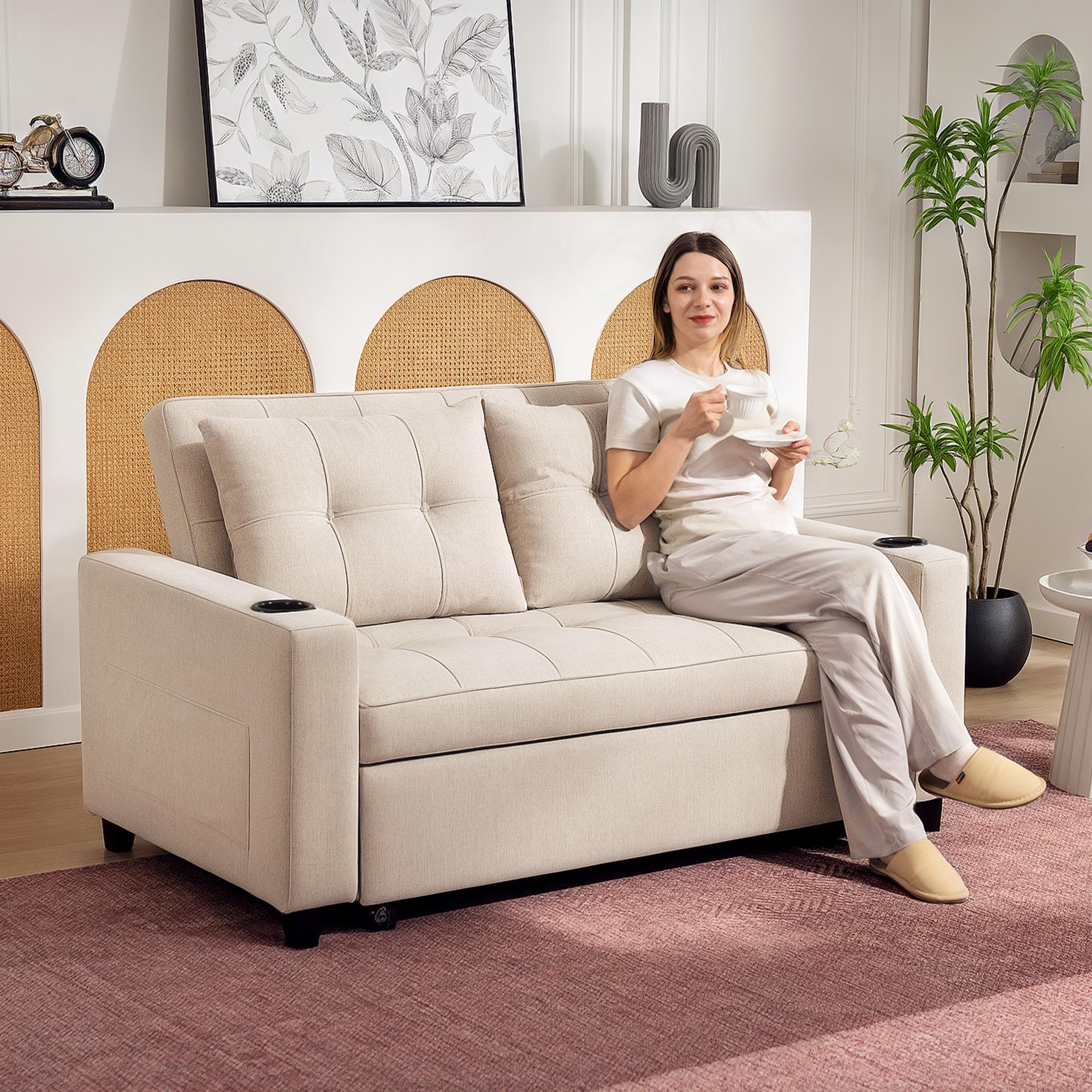 Two-Seater Pull-Out Sofa Bed - Beige