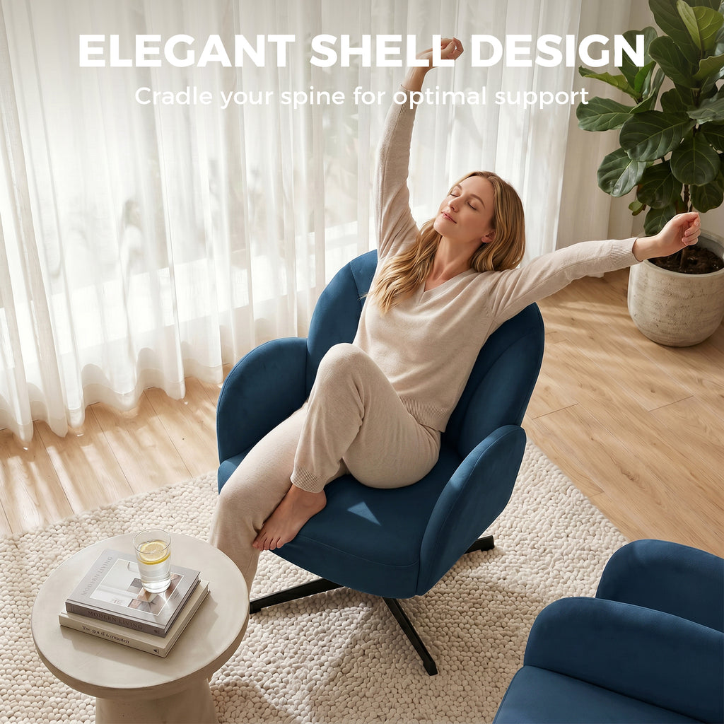 Swivel Accent Chair, Shell-Shaped Armchair with Spring Cushion, Metal Base, Dark Blue