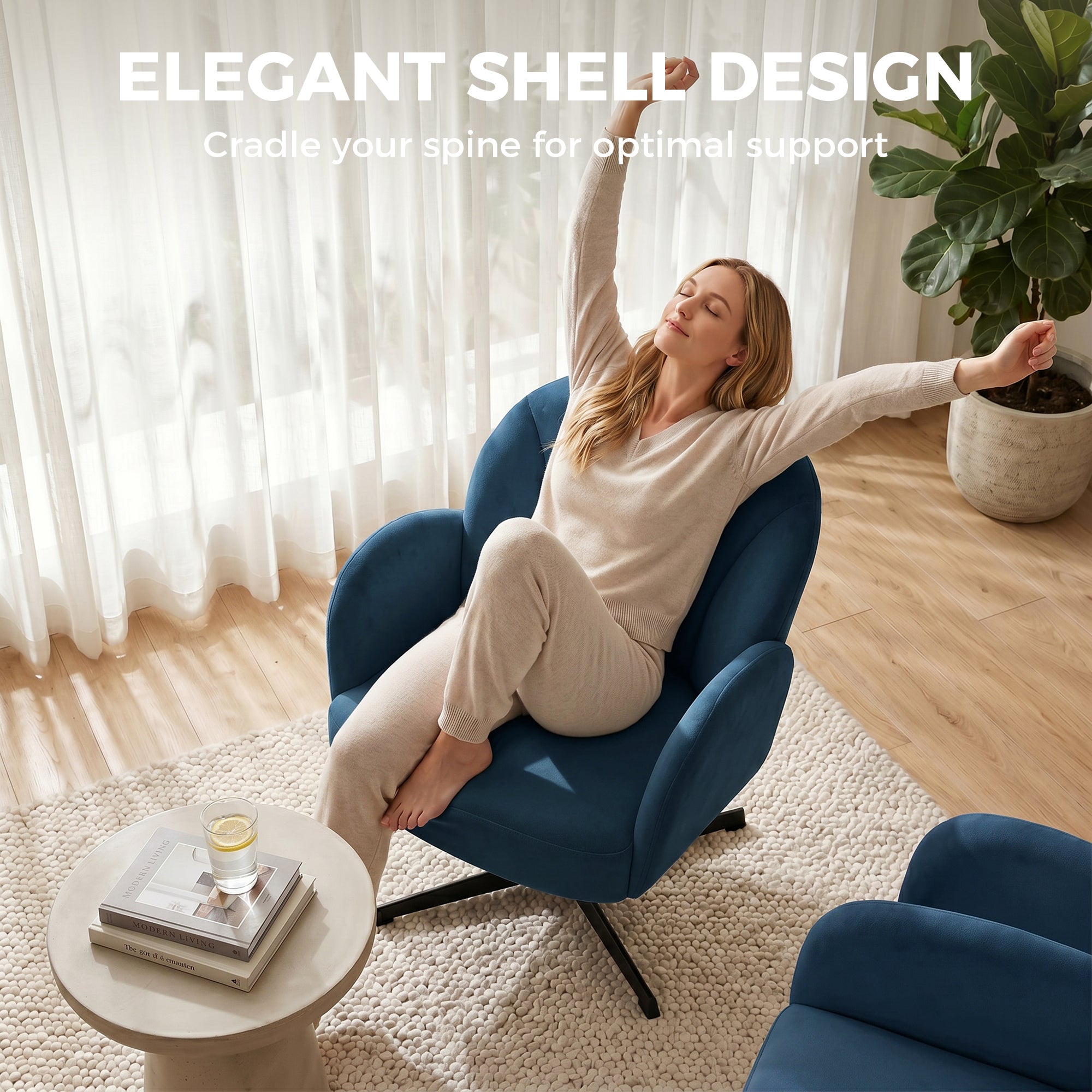 Swivel Accent Chair, Shell-Shaped Armchair with Spring Cushion, Metal Base, Dark Blue