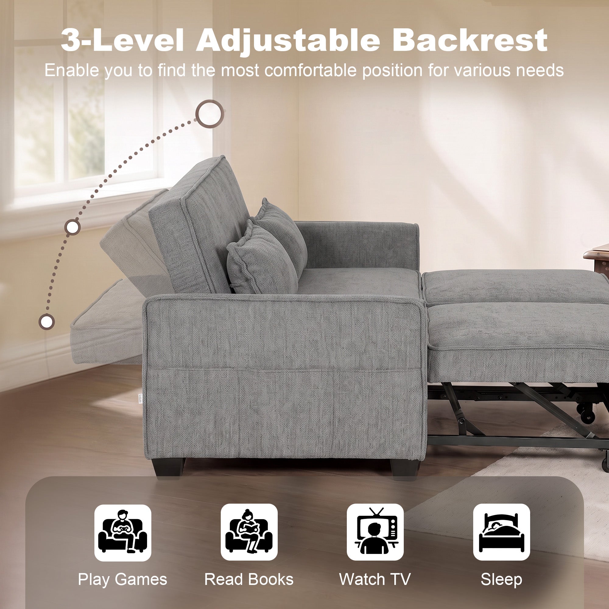 2 Seater Sofa Bed, 4-in-1 L-Shaped Convertible Pull-Out Sleeper Sofa with Adjustable Backrest and Side Pockets, Grey