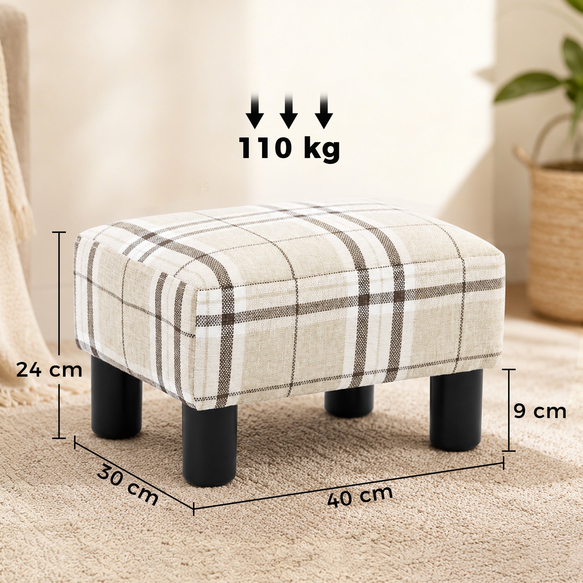 Linen Fabric Footstool Ottoman Cube with 4 Plastic Legs, Multi-colored