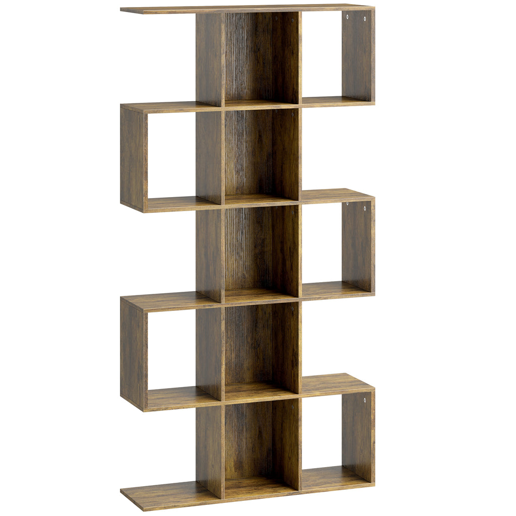 5-Tier Bookshelf, S Shaped Geometric Bookcase with 15 Compartments, Rustic Brown