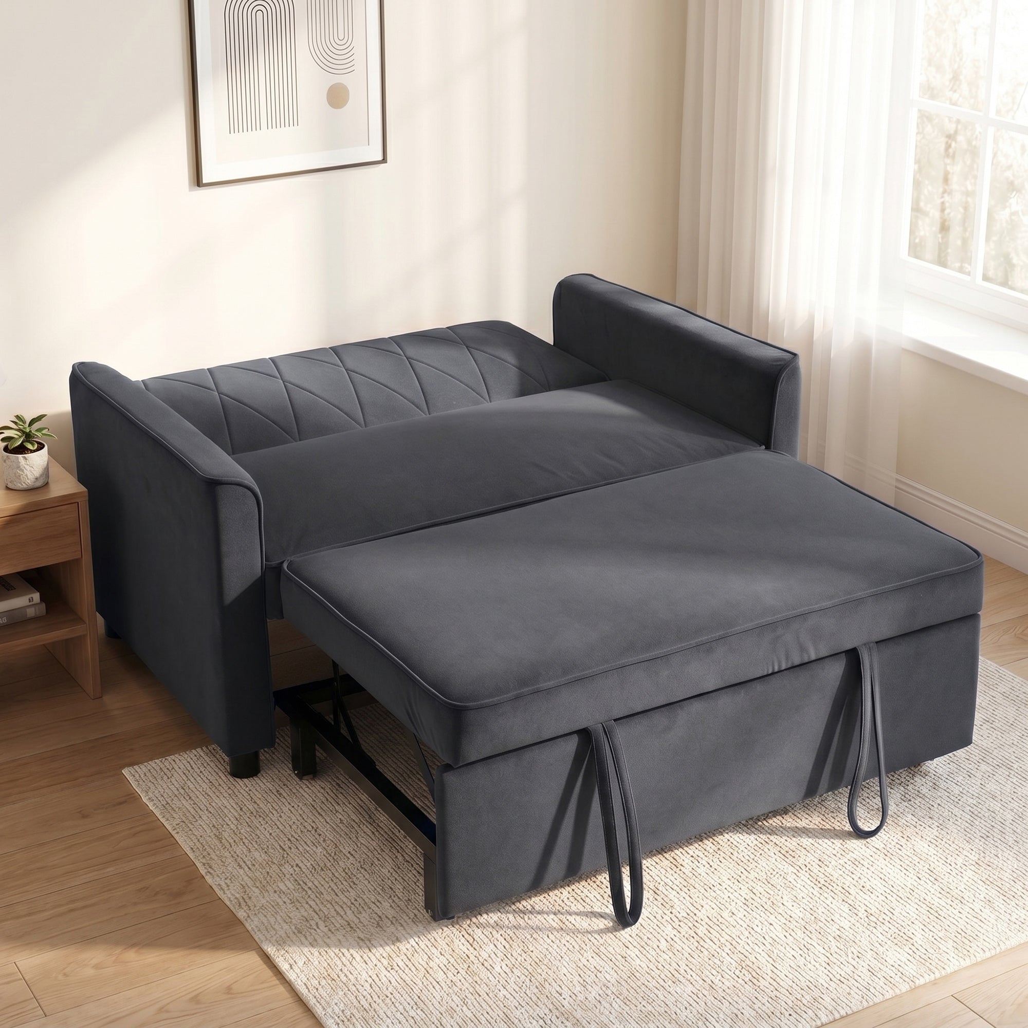 2 Seater Sofa Bed, 3-in-1 Convertible Pull Out Sleeper Sofa with Click-Clack Adjustable Backrest, Dark Grey